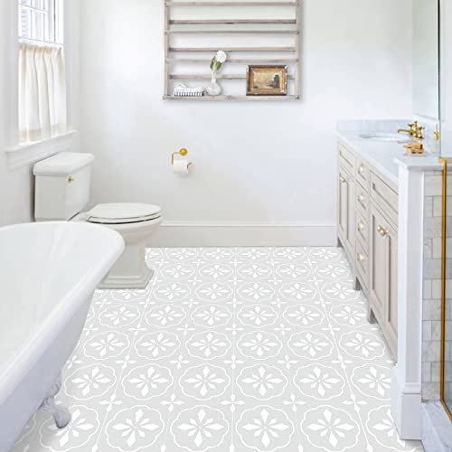 Peel and Stick Floor Tiles Vinyl Flooring Self Adhesive Floor Tile Waterproof for Bathroom Kitchen Living Room Grey White Pattern 20x20 cm 10 pcs