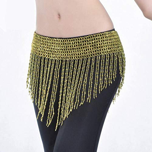 ACiyD Bauchtänzerin Schal Frauen Bauchtanz Kleidung Quaste Hüfttuch Bauchtanz elastischer umwickelter Gürtel mit Gold/Silber Perlenfransen 152 (Light Gold Beas)