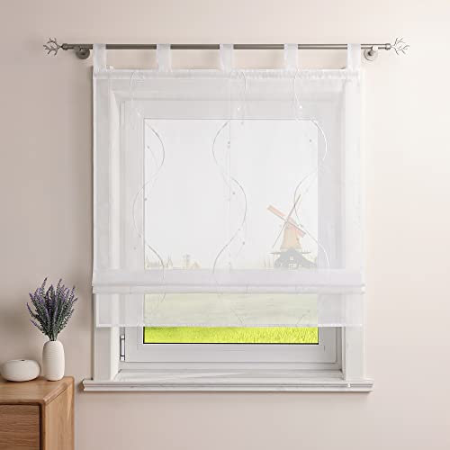 CORLIF Raffrollo Landhaus Raffgardine Küche Modern Schlaufenrollo Leinenoptik mit Wellenmuster Transparente Rollos Kurz Fenster Schal mit Schlaufen B/H 80/140 cm Weiß