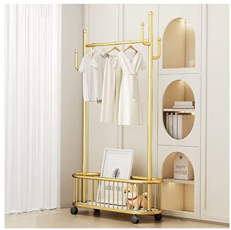 Hallenbaum mit Haken Einzelne aufgeräumte Schienen Robuster Kleiderständer aus Metall Freistehender Kleiderbügel Mobiler Kleiderwagen Mit unterem Aufbewahrungskorb für Schlafzimmer ( Color : Gold , Si