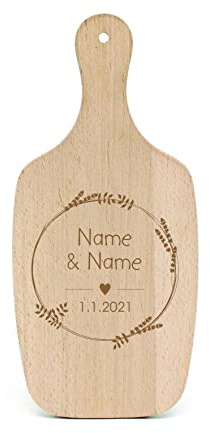 Frühstücksbrett Hochzeit Vintage Lavendel Kranz mit Namen & Datum graviert Hochzeitsdeko personalisiert Hochzeitspaar Schneidebrett 34 x 15 cm