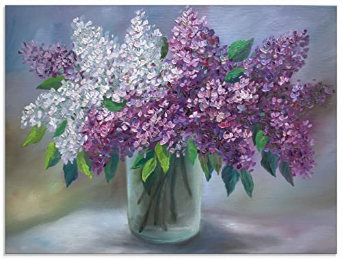ARTland Wanddeko Glasbilder Wandbild Glas Bild einteilig 60x45 cm Querformat Stillleben Vase Glas Pflanzen Blumen Blüten Flieder Lila Weiß U4QA