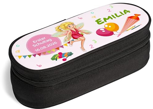 Geschenk zur Einschulung: Federmäppchen mit Namen und Datum „Erster Schultag“ (ungefüllt) Schlamper-Mäppchen für Kinder Mädchen Jungen Stifte-Etui Schulmäppchen Einschulungs-Geschenke (Fee)