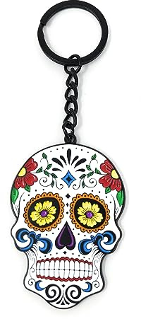 Vinylcation Sugar Skull Keychain with Colorful 2D Alloy Charm, Fun Day of the Day Key Chain Car Accessories, Decorative House, Vehicle, and Office Keyholder, Steel Ring