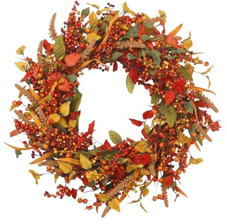 Coronas artificiales, corona falsa de otoño para puerta, corona de vid de hojas de arce de bayas, decoración de corona falsa con bayas y hojas, corona artificial de cosecha