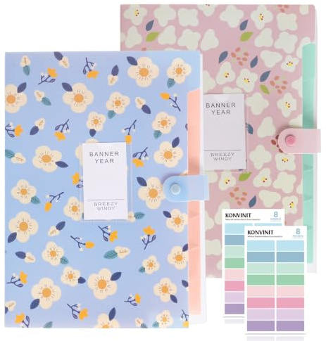 KONVINIT Dokumentenmappe Fächermappe A4 Erweiterbar Mappe mit 8 fächern, Blumen Document Folder für Frauen/Mädchen File Folder für Schule/Zuhause/Arbeit/Büro Schulsachen Aesthetic,2 Stücke