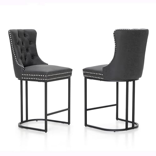 ALPHA HOME Barhocker 2er Set Gepolstert Barstuhl Hohe Barstühle mit Rückenlehne Tresenhocker aus PU Leder für Küche Esszimmer Wohnzimmer mit Metallbeinen Fußstütze (Schwarz)