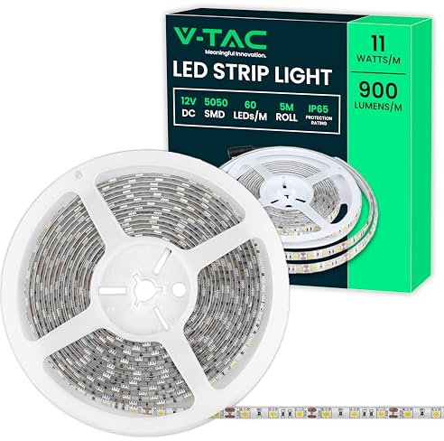 V-TAC Ruban LED Extérieur Étanche IP65-5 Mètres - SMD 5050 - Bande à LED Lumineuse 6500K Blanc Froid - Ruban LED d'Extérieur avec Bande Adhésive et Flexible pour Jardin, Terrasse, Maison - 12V