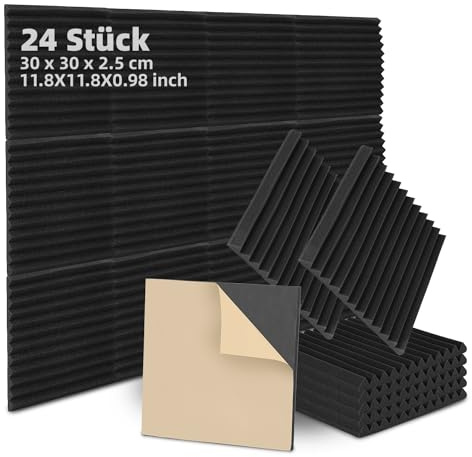 Fiqops 24 Stück Akustikschaumstoff Selbstklebend Akustikpaneele 2.5x30x30 cm Schalldämmung wand Echo-Fliesen reduzieren,Schallschutz für Tonstudio,Gaming Deko,Podcasts, Schwarz Keil