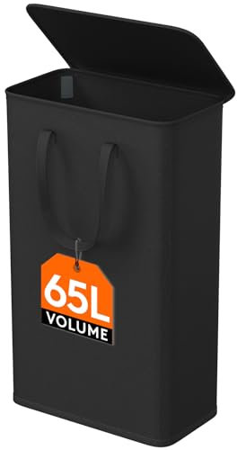 Lifewit 65L Wäschekorb Schmal mit Deckel, Wäschekorb Waschenkorbe Faltbar Klein, Wäschesammler mit Griffen, Wäschebox Laundry Baskets für Waschküche Schlafzimmer, Badezimmer, Schwarz,1 Packungen