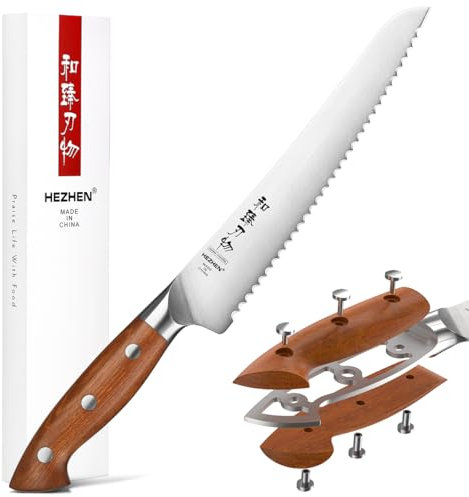 HEZHEN 21,5cm Coltelli da Pane Seghettato, Coltelli da Torta Acciaio Inossidabile Coltello da Pasticceria Coltelli da Cucina Affettare il Pane, Manico in Redwood