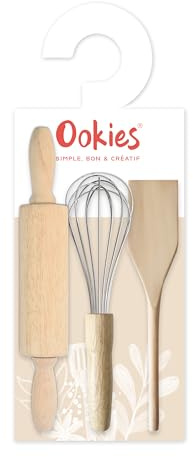 Ookies - Kit 3 Ustensiles de Pâtisserie pour Enfant - Coffret 3 Ustensiles : Fouet, Spatule & Rouleau - Bois & Inox - Pour Gâteaux, Biscuits, Cuisine – Idée Cadeau - OO82001