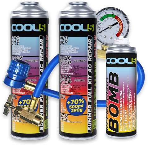 Cool5 , sustituto r134a, Sellador, refrigerante para Aire Acondicionado de automóviles, Equivalente a 760 g, 2 latas, 5 en 1, 290g,