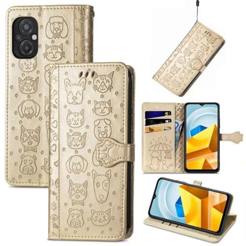 Handyhülle für Honor X6B Hülle Katze Hund Premium Leder PU Flip Case Magnetisch Kartensteckplätzen Klapphülle Wallet Lederhülle Bumper Schutzhülle für Honor X6B Tasche Golden