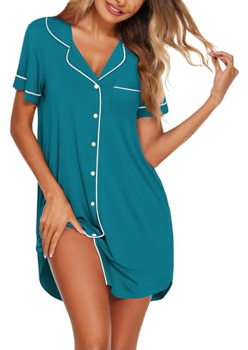 Ekouaer Chemise de Nuit Femme Grande Taille Manche Courte EteChemise de Nuit Maternité Allaitement Boutonnée Devant, Bleu-Vert, S