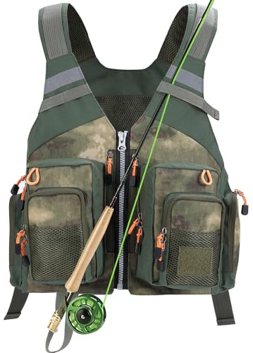 PELLOR Gilet de Pêche Taille réglable Multi Poches Veste sans Manches Maille Photographe Chasse pour Hommes Femmes (Vert Foncé)