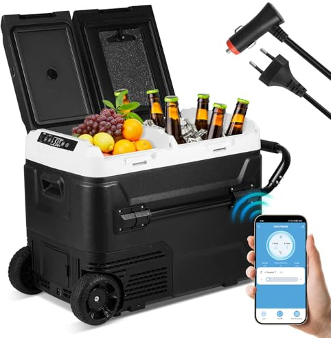 Herrselsam Kompressor kylbox, 50 l, kylbox, bil, med app-kontroll, 12/24 V, 100–240 V, elektrisk kylbox, kylskåp upp till 20 °C, för bil, lastbil, camping, dubbla zoner, två temperaturer