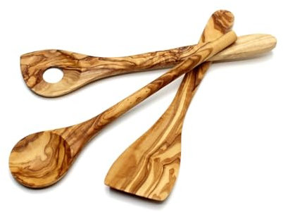 DAGDEG 3er Set Kochlöffel aus Olivenholz,ca.30 cm, Pfannenwender, Risottolöffel, Spatula Holz, Bratenwender Holz, Holzlöffel mit LochHolz ca.30 cm
