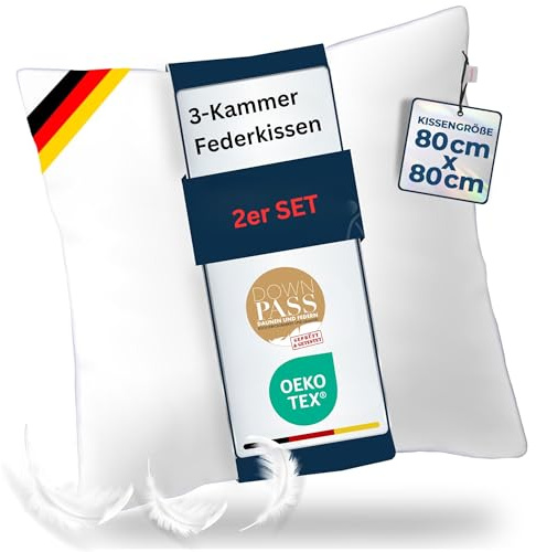 2'er Set Kopfkissen 80x80-3-Kammer Federkopfkissen mi 5% Daunen für Weichheit - Federkissen 80 x 80 cm Kissen Daunen - Kopfkissen mit Daunen & Federn für besten Schlafkomfort, Schlafkissen