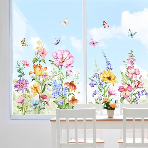 Supzone Fensteraufkleber Wildblumen Fensterbilder Frühling Sommer Schmetterling Blumen Statisch Haftende Fenstersticker Selbstklebend Fensterfolie Glastüren Fensterdeko Aufkleber