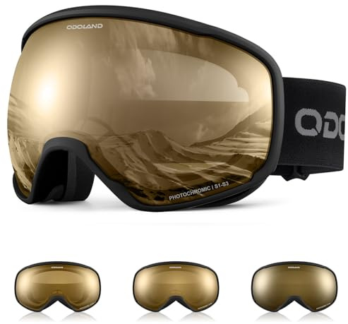 Odoland Gafas de Esquí Fotocromáticas para Días Soleados y Nublados Antiempañamiento Protección UV Gafas de Snowboard para Hombres Mujeres Adultos Jóvenes Esquí Snowboard, Oro