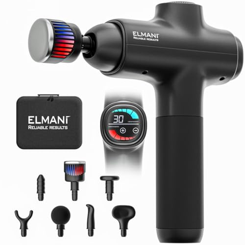 ELMANI Massage Gun for Deep Tissue,30 Speed Levels,2800 RPM,Hot & Cold Massage Head,6 Massage Heads,Quiet Motor,Long Battery Life,Black