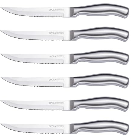 OPOLIA Steak Knives Set of 6, Serrated Edge Stainless Steel Kitchen Knife with Ergonomic Handle, Dishwasher Safe, Silver
