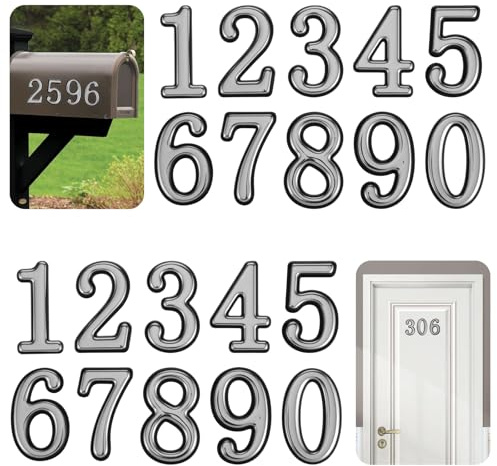 Bewudy 30 Stück Selbstklebende Türnummern, 3D Hausnummer Selbstklebend 5 cm Türnummer Hausnummer 0-9 Silber Türnummern Aufkleber Für Haus Restaurant Briefkasten