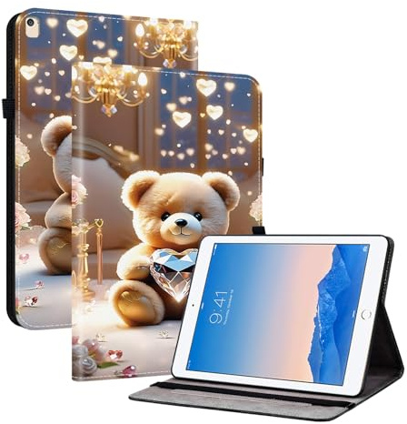 Coque pour iPad 9,7 Pouces (Modèle 2018/2017, 6ème/5ème Génération), Housse Étui à Rabat de Protection avec Fonction Support, Porte-Pencil, Veille/Réveil Automatique, Ours Cristallin