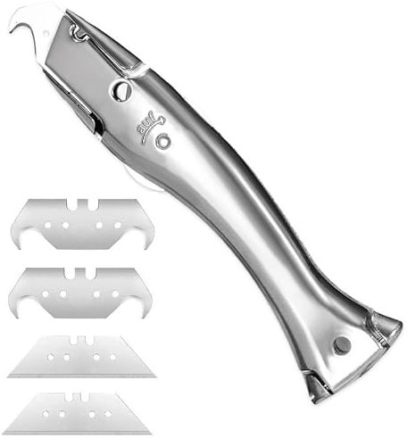 Uadme Cuchillo de Corte de Suelo, Cutters Profesionales de Seguridad con 4 Hojas, Herramienta de Gancho para Alfombras, Cuchillas Trapezoidales y en Gancho