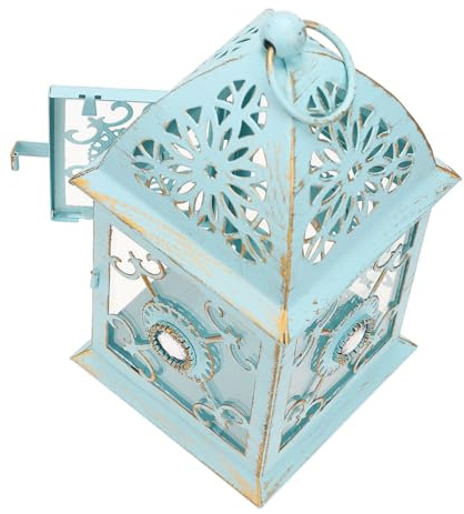Garneck Rustic Iron Candle Lantern Tealight Holder Hanging Vintage Hollow Out Lantern for Wedding Table Decor Blue Gold Lightweight and Versatile for Home and Party Ambience