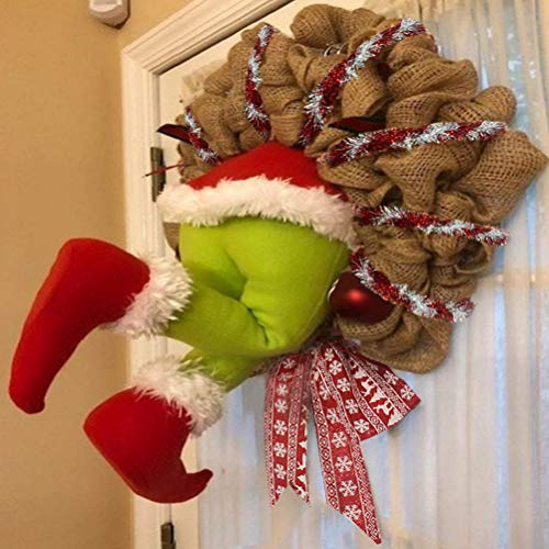 Weihnachtskranz Grinch Kranz, Türkranz Weihnachten, Wie der Grinch den Weihnachtskranz aus Sackleinen Gestohlen Hat Grinch Deko (35 * 45CM)