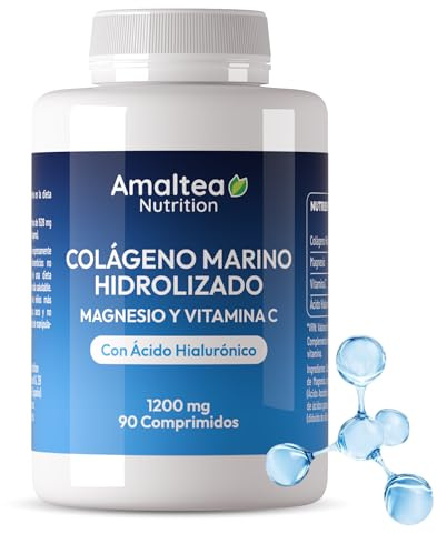 Colágeno Marino Hidrolizado 1200 mg + Magnesio + Vitamina C + Hialurónico | 90 Comprimidos: 3 meses de suministro - Colágeno para Piel, Articulaciones, Cabello, Uñas - Marca Amaltea Nutrition