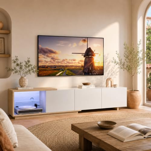 MGMYM TV-Schrank Lowboard 163cm-240 cm mit Beleuchtung, Fernsehtisch, Fernsehschrank mit 3 Schublade, Ausziehbarer TV-Ständer, Wohnzimmermöbel,Hochglanz weiß und Natur Holzmaserung,240x38x44cm