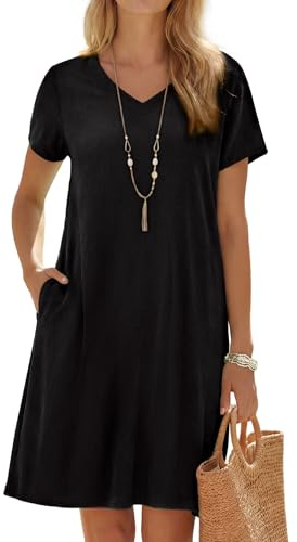Enmain Women Dresses Summer Black Linen Dress Short Sleeve V Neck Sundress for Women UK Casual Lightweight Solid Color Midi Tunic Without Accessories 3XL