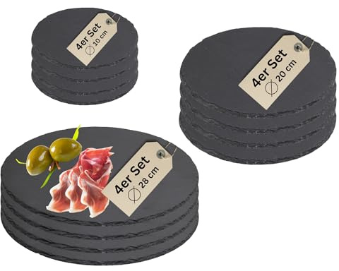 Schieferplatten Set 2 (4er 28cm, 4er 20cm und 4er 10cm) verschiedene runde Servierplatten aus Schiefer für Käseplatte Tapasplatte Deko & HLKauf-Block