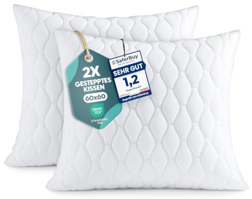 Utopia Bedding Kopfkissen 60x60 cm 2er Set Kissen für Bett und Dekokissen | Weiß gesteppter Kissenbezug Kissenfüllung Zierkissen Sofakissen Mikrofaser bezug Polyester Füllung Prall gefüllt für Komfort