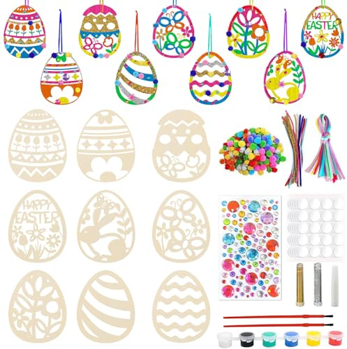 Ostern Basteln,114 Stück Bastelset Ostern,Holz Ostereier zum Bemalen,Osteranhänger Holz,Ostereier zum Aufhängen,Osterdeko Basteln mit Pompons, Deko Schnur, Strass, Osteraufkleber, Ostergeschenke