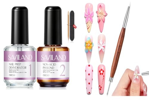 Saviland Nail Primer and Dehydrator and Nail Art Brush Double-Ended Nail Art Pen