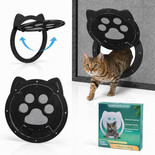 Huanmin Katzenklappe für Fliegengitter, Schwarz Katzenklappe Innentür, Magnetische Katzentür mit Automatische, Katzenpfoten Design, Katzenklappe Fliegengittertür für Mittelgroße Kleine Katze