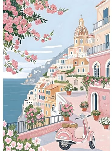 NEWENMO 5D Amalfi Coast Diamond Painting Kits Full Drill for Adults | DIY Crystal Embroidery Craft Featuring Pink Flowers And Buildings,Diamond Painting,Diamond Art,Coastal Decor Gift,30x40cm