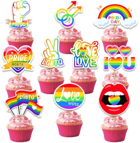 Catelves LGBTQ Tortendeko 20 Stück – 10 Motive, Holz-Cupcake Topper mit Regenbogenflaggen & Herzen – Pride Kuchen Deko für Regenbogenfest, LGBT Party, CSD – Nicht essbare Kuchendekoration