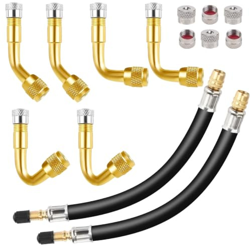 14 Piezas Adaptador Válvula Bicicleta, Kit Extensión Válvula Neumático con Mangueras Flexibles de Goma y Prolongadores de Latón, Prolongador Válvula con Tapones Metálicos, para Coche Bici Moto Scootr