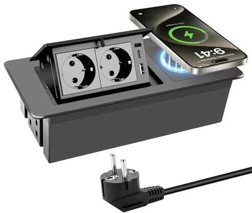 Presa a scomparsa a 2 prese con USB-C PD 20 W funzione di ricarica rapida e caricatore wireless da 15 W, presa da tavolo pop-up per piano di lavoro, scrivania e cucina, ciabatta salvaspazio
