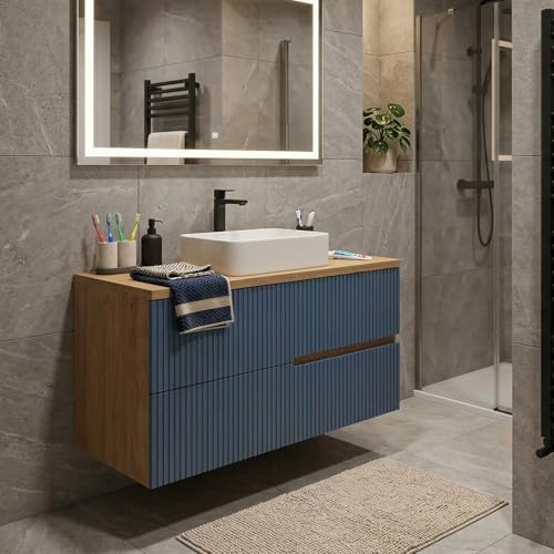 SANIVERRE EVA Meuble Vasque à Poser Suspendu L.100 cm Chêne Naturel 2 Tiroirs Bleu Mer Cannelé (sans Colonne) Salle de Bain