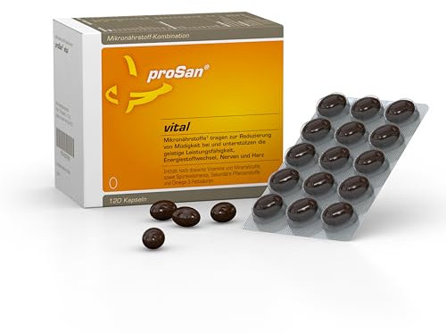 proSan vital (120 Kapseln) | Vitamine gegen Müdigkeit, für mehr Energie & Leistungsfähigkeit bei Stress | Mineralstoffe, Bioflavonoide, Carotinoide & Omega-3 | ohne unnötige Zusätze & in DE produziert