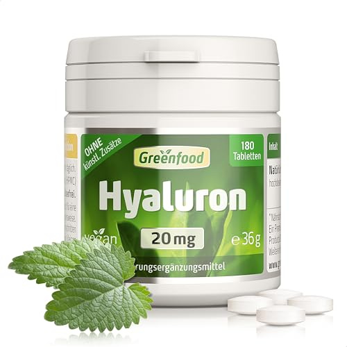 Hyaluron, hochdosiert, 20mg - 180 Tabletten, vegan. Reine Hyaluronsäure - gewonnen durch natürliche Fermentation. OHNE künstliche Zusätze - laborgeprüft. Von Greenfood.