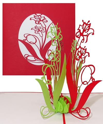 Pop Up Karte „Lilien in Rot & Grün“ 3D Geburtstagskarte - Lilien Karten als kleines Geschenk, Gutschein oder Geschenkverpackung – zum Geburtstag oder als Dankeskarten & Dankeschön Geschenk