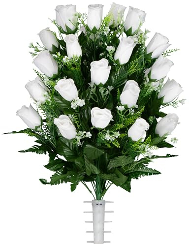 Sympathy Silks Artificial Cemetery Flowers - Realistic - Outdoor Grave Decorations - White Roses with Lily Grass (1) Bouquet