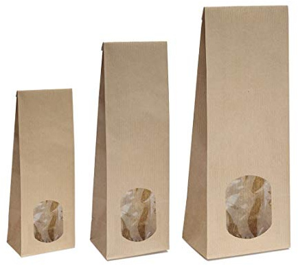 100x Blockbodenbeutel mit ovalem Sichtfenster - 100g - 7 x 4 x 20,5 cm - Papiertüten Bodenbeutel Geschenktüte Papierbeutel Tütchen Kraftpapier Papierbeutel Adventskalendertüten zum Befüllen
